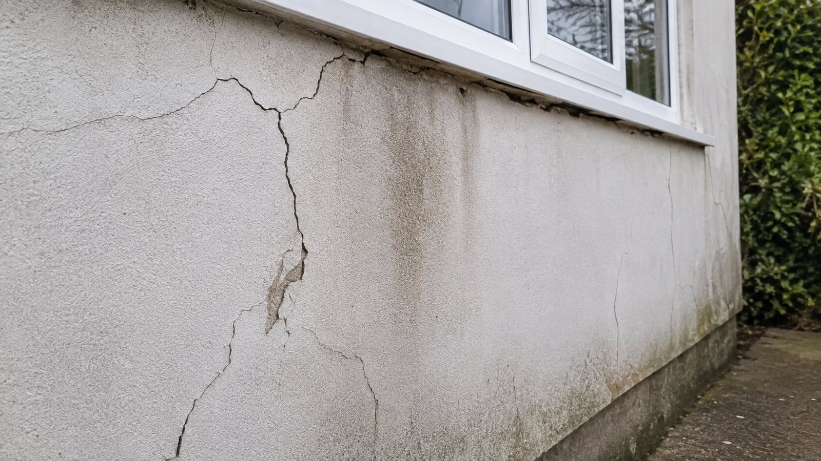 Cracked external render below a window with signs of damp penetration