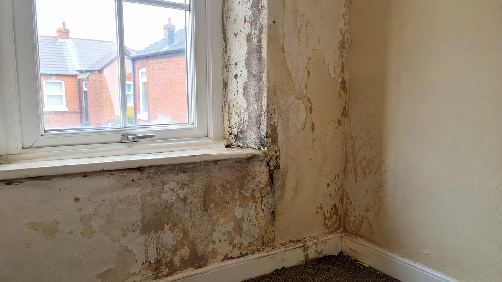 Damp and damaged plaster around a window opening