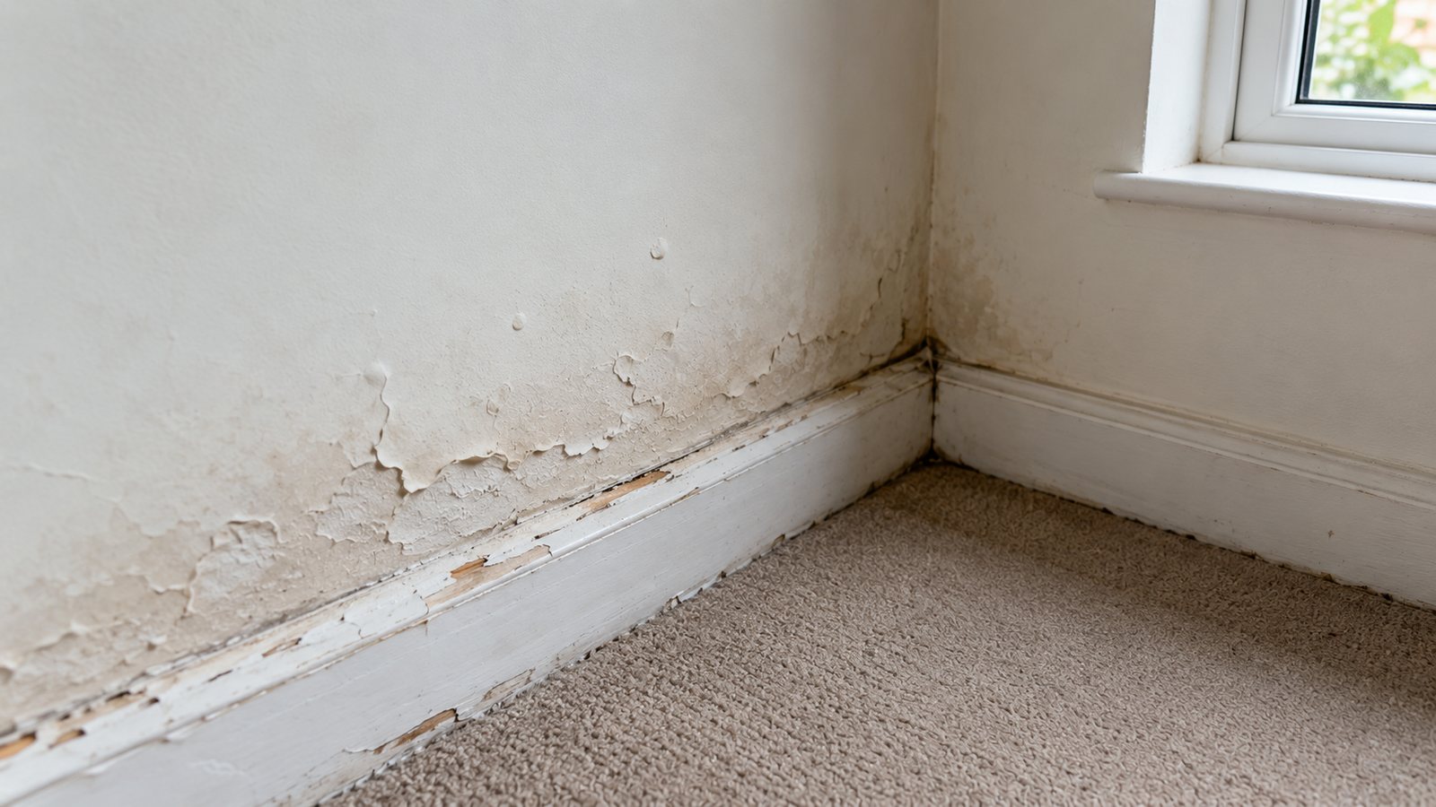 White salt deposits and damaged plaster at the base of a wall